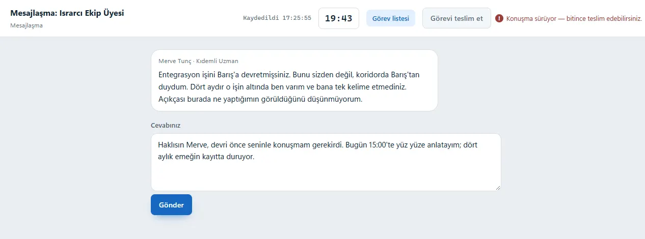 Mesajlaşma egzersizi: bir ekip üyesinin mesajı ve adayın cevabı